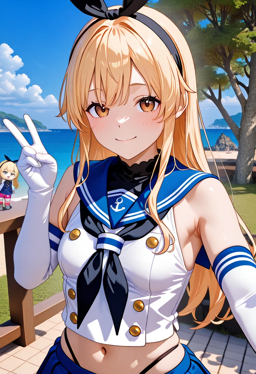  Super Realistic Pictures , RAW photos  , realism, 3d rendering ,Unity Engine),break 1girl, Alone, Island Breeze、 brown eyes、Blonde、 long hair、 headband、 black ribbon,  blue sailor suit、 sleeveless shirt that grabs a girl's waist、 crop top、 white gloves、 elbow gloves、 black neckerchief holding hands、 miniskirt、 high leg panties 、 striped knee socks、Grey shoes、anchor,(small breasts:1.2),((upper body))break (from front, look at viewer, face-focus),break (smile,  model pose, victory pose)