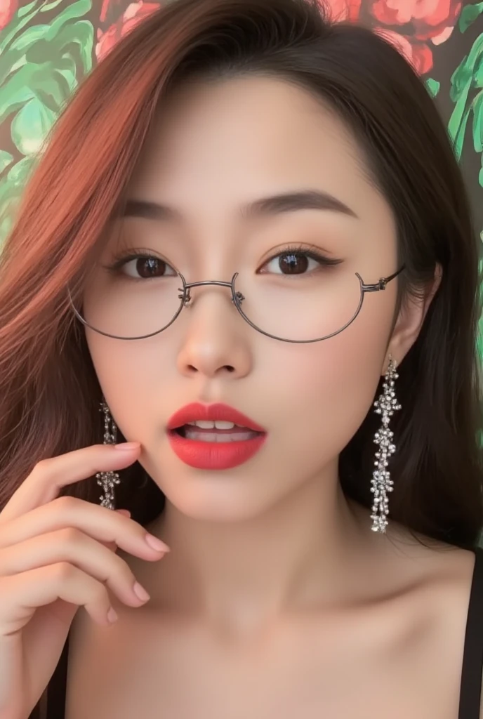 1girl, solo, looking at viewer, brown hair, jewelry, earrings, glasses, lips, realistic