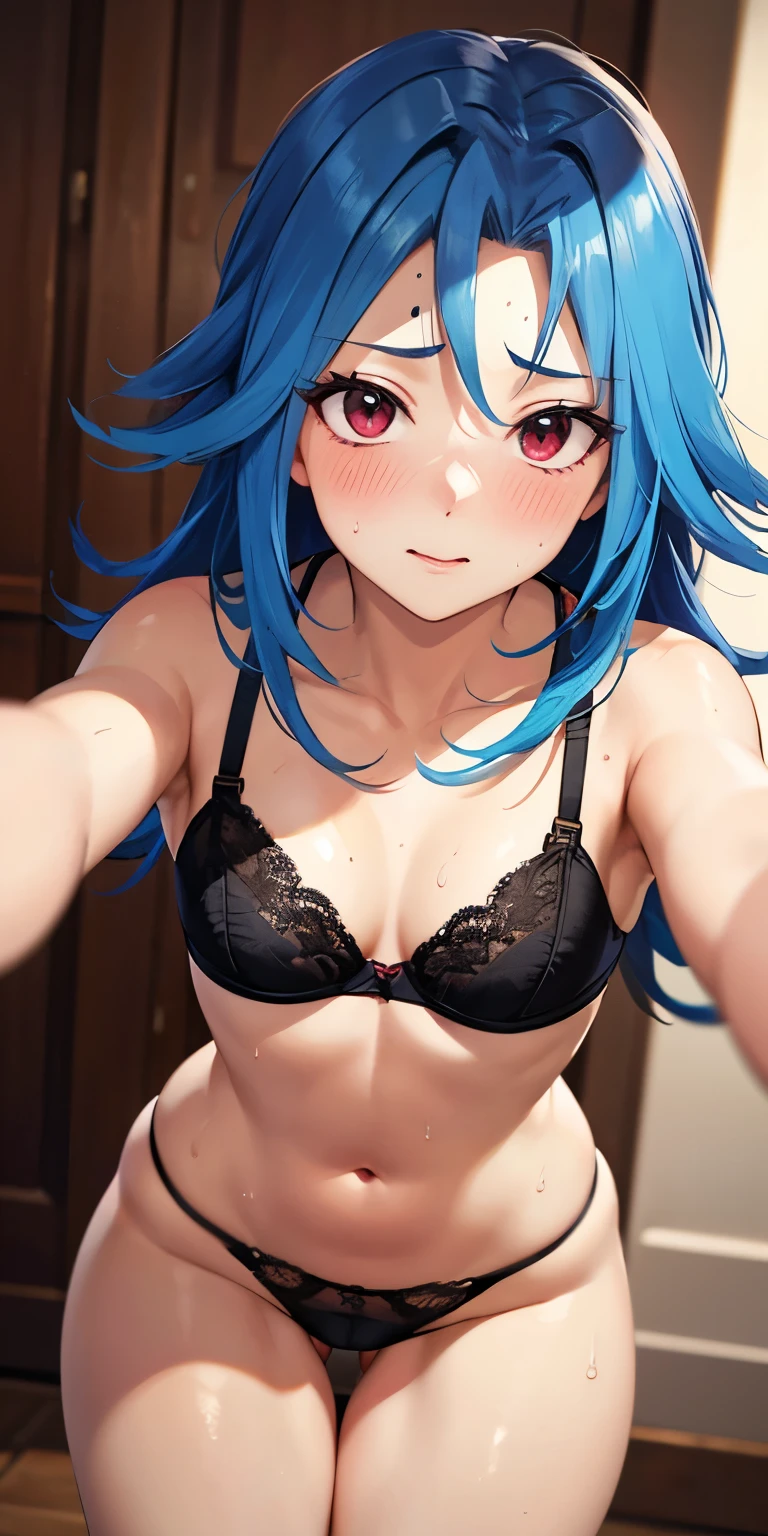 1 Female,High definition,high resolution,Ultra-realistic,8K,kr1, multicolored hair, dyed bangs,black bra,black thong,European,sexy,Upper body close-up,Photographed from the front,Dynamic Angles,blush, small tits,cute face, facial, sweat, perfect face,  perfect body,(wide thighs:1.3),cute face, selfie,cameltoe,(pussy)