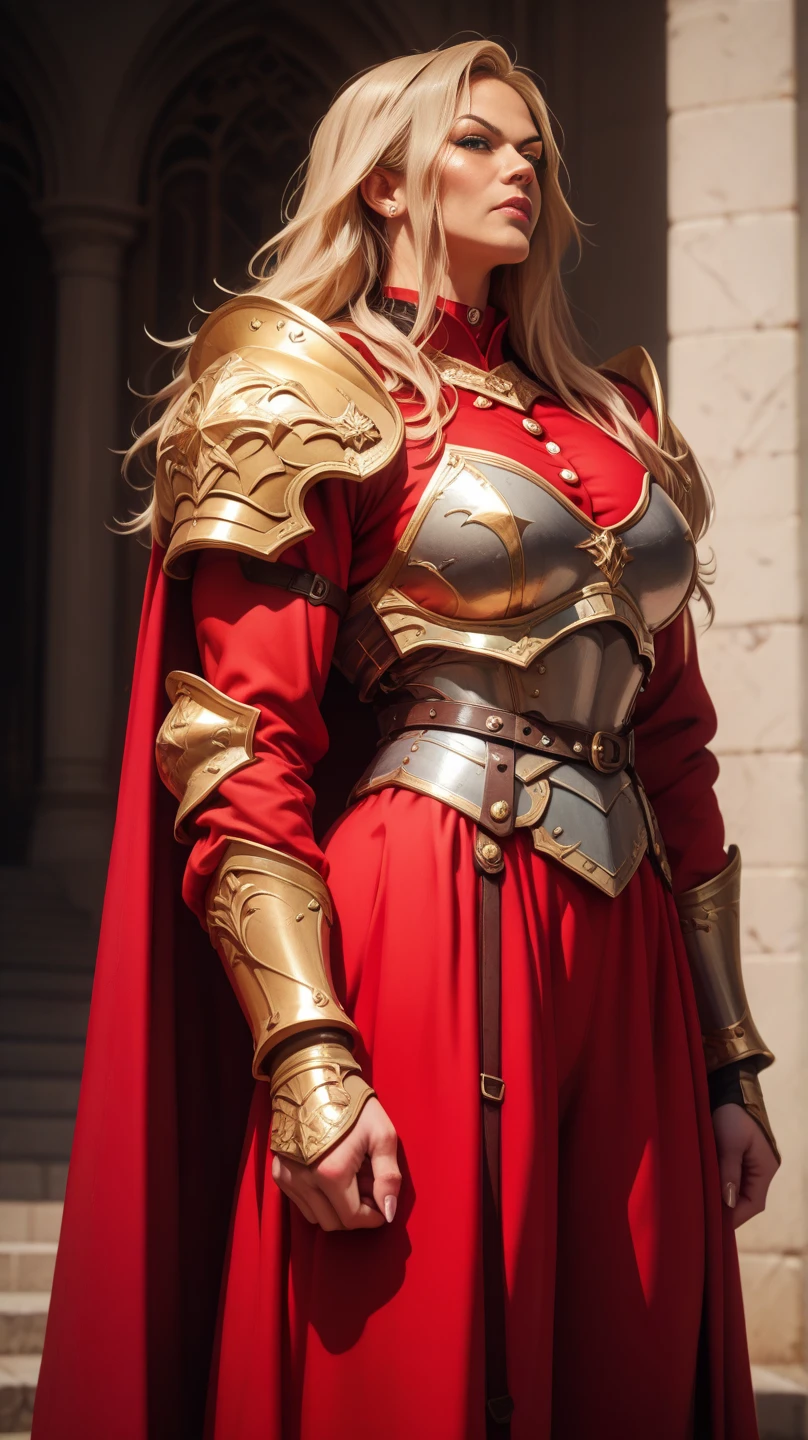 A portrait of a tall, muscular, mature woman walks forward. She is dressed in a heavy, thick plate armor, fantasy heavy armor, Big pauldrons, wide hips, with a military cape on her back, military cape, buttons, military cape with high collar. She looks determined and serious as she walks. She is an older woman. She is muscular with thick muscular legs and muscular thighs. She has strong muscular arms. High quality, best quality. Super detailed, hyper detail.