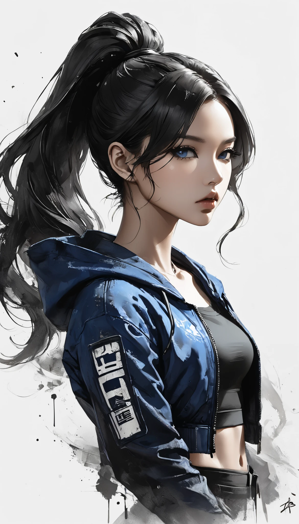 Neo-noir futuristic art style, A close-up view of a semi-realistic anime-style woman, aged 21, with long, sleek black hair styled in a high ponytail. She has warm tan skin with a slight golden undertone, and a sharp, symmetrical face. Her jawline is slightly softer yet still well-defined, giving her a strong but approachable look. Her eyes are large, upturned, and almond-shaped with a deep, ((blue)) eyes, giving her an intense and focused expression. Her eyebrows are thick and naturally arched, complementing her long, dark eyelashes. She has a small, slightly upturned nose and full lips, set in a neutral expression that adds to her determined yet calm demeanor. Loose strands of her black hair frame her face without softening her strong appearance. She is wearing a ((blue)) bomber ((jacket)) with hoodie over a fitted black crop top, giving her a modern and self-reliant vibe. The soft lighting enhances the contours of her face and highlights her warm skin tone, while the blurred urban background subtly emphasizes her independent and confident aura. clean background. black white and ((blue)), anime style, Javanese theme, hyperdetailed, ultra quality, 4k, intricate lighting, chiaroscuro, white background with one color ink spots, drawing stroke, perfect drawing lines.