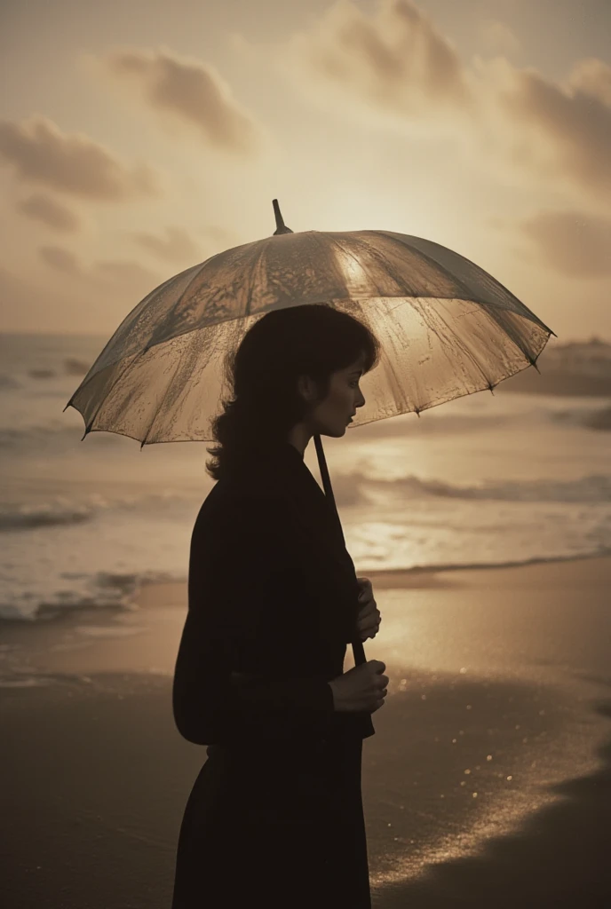 Solitary figure standing on Lido Beach at dusk, vintage parasol in hand, wind-blown sand swirling around their