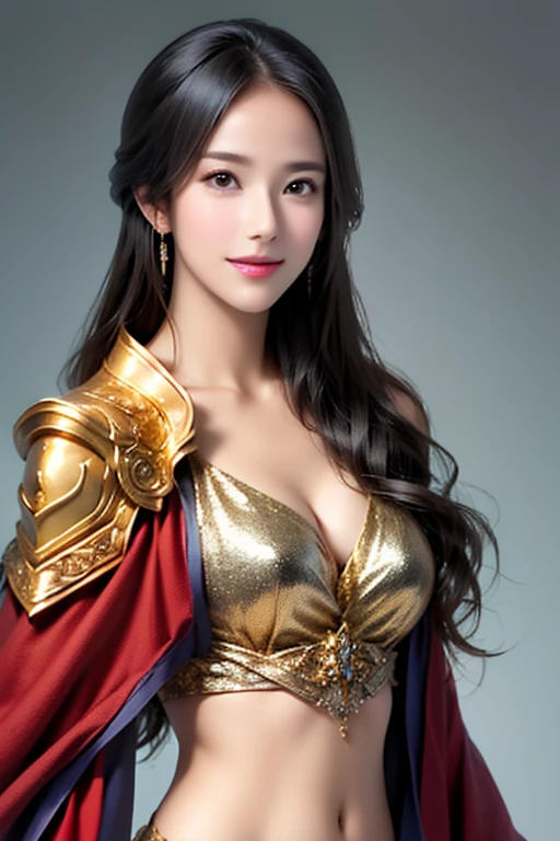 ((The upper body of a female warrior wearing gold and red armor and a cloak:1.4)),1 person,  black hair,  belly shortcut   ,Big breasts and cleavage,  high-definition face and skin texture  ,  staring at the camera,   Chinese Warrior:1.2,  perfect beauty: 1.4, fine grain,  double eyelids in a judo suit ,  whitening for women with bristles, top quality ,  super high res ,  simple background，Symmetrical Normal Eyes   , hair accessories, Slim Waist ,