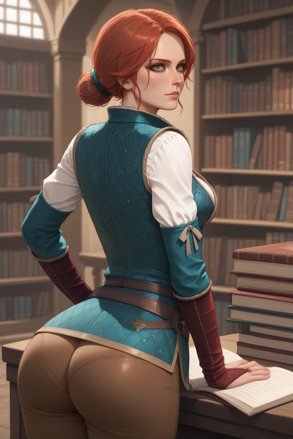 TrssMeri, short hair, red hair, hair bun, necklace, cleavage, vest, shirt, bridal gauntlets, belt, green waistband, Brown pants, confused face, hands on breasts, back view, looking back, medium breasts, wide hips, sexy ass, cute face, library, bent over, seriuos face