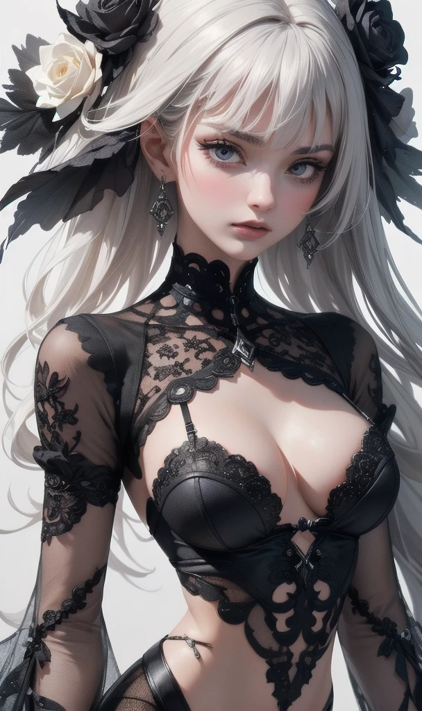 White elf girl, very long flowing hair, white eye color, small eyes, realistic human eye shape, round eye shape, eyeliner, realistic face shape. black lace low cut lace shirt, portrait, wearing a black hood, black background, chest showing, NSFW, Depth of Field. looking at camera, dreamy look detailed eyes, detailed face, detailed skin, Ultra Detailed, Beautiful and Aesthetic, Masterpiece, Best Quality, shoulders showing. lace fabric, round chin shape. wearing black hood over hair. wearing a black hood. hips showing, flairs in background, zoomed out. full body showing. hips exposed. sexy black lace outfit with hood. full body showing