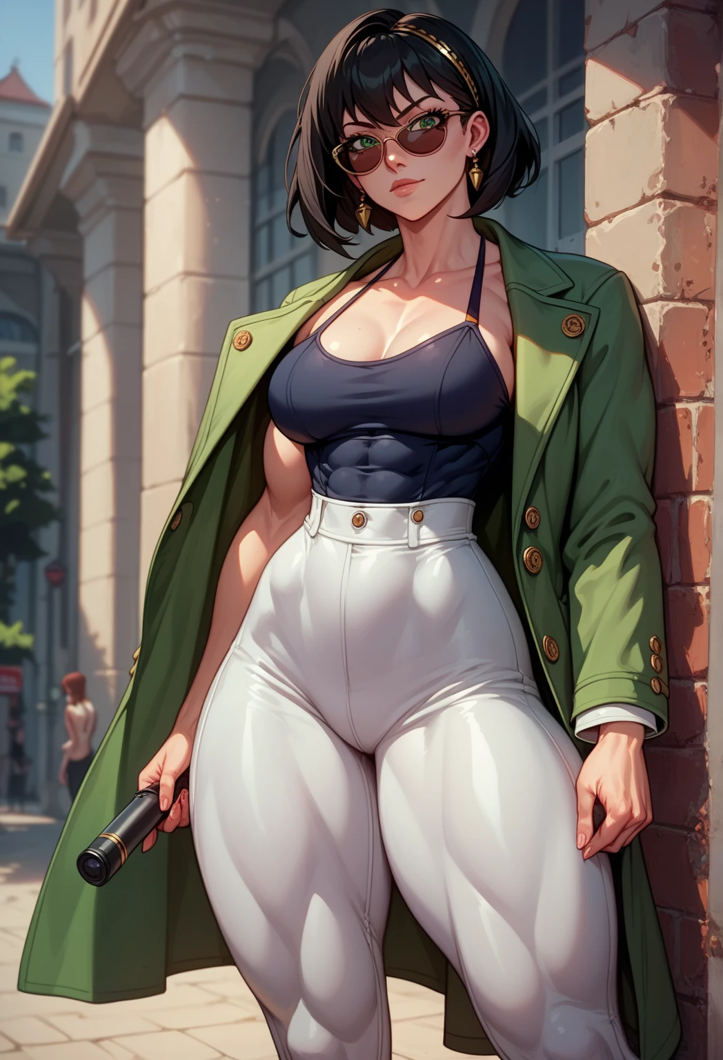 _ anime style ,1 women,  short black hair,  white skin , slightly muscular body,  green overcoat,  Medium breasts,  big thighs,  green eyes , Secret Base  , warm, corpo fitnes, sunglasses, dress pants, Secret Agent, spy, firearm,  expression would be , going,