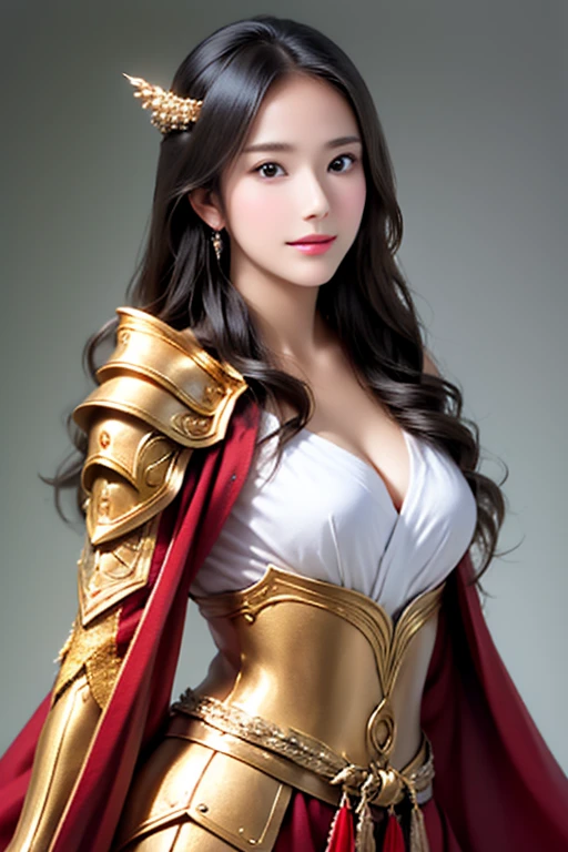 ((The upper body of a female warrior wearing gold and red armor and a cloak:1.4)),1 person,  black hair,  belly shortcut   ,Big breasts and cleavage,  high-definition face and skin texture  ,  staring at the camera,   Chinese Warrior:1.2,  perfect beauty: 1.4, fine grain,  double eyelids in a judo suit ,  whitening for women with bristles, top quality ,  super high res ,  simple background，Symmetrical Normal Eyes   , hair accessories, Slim Waist ,