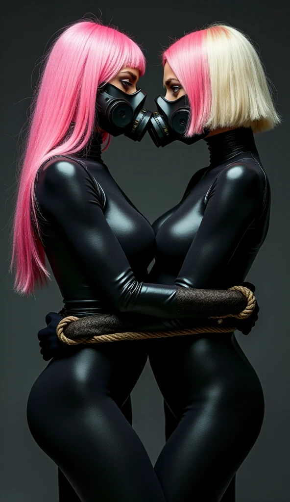 professional photography. full-length portrait. (Two beautiful women one with long pink hair and one with bobbed blonde hair with pink and blue highlights, wearing skin-tight figure hugging very shiny glossy latex catsuits with long sleeves and legs, and gas masks are bound very tightly together by ropes and straps around their bodies, their bodies are pressed together facing each other, their bodies are pressed together their breasts are touching pressed together their arms and hands are tied behind their backs, straps and ropes are wound around them. à la professional photography, utilizing a high-end Canon lens, capturing every detail in sharp detail, 64-megapixel sharp focus, in the style of renowned photographers like Helmut Newton, known for his dramatic, high-contrast portraits, and the sleek, modern aesthetic of Ellen von Unwerth, with a hint of the edgy, avant-garde flair of Miles Aldridge, blending the boundaries of fashion, art, and photography.