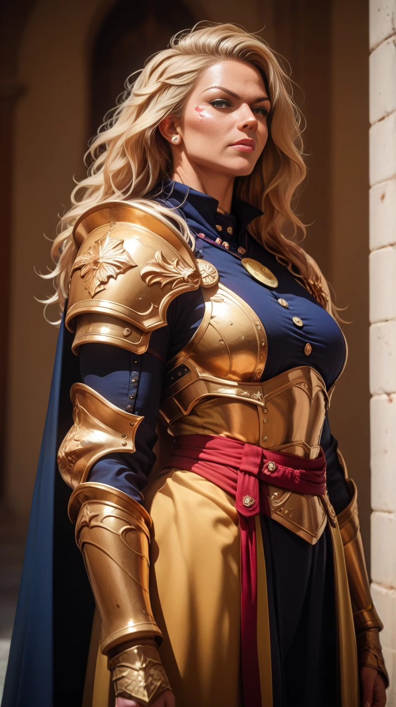 A portrait of a tall, muscular, mature woman walks forward. Wild hair. She is dressed in a heavy, thick plate armor, fantasy heavy armor, Big pauldrons, big boobs, wide hips, with a military cape on her back, military cape, buttons, shoulder marks, medals, ornamented cape, military cape with high collar. She looks determined and serious as she walks. She is an older woman. She is muscular with thick muscular legs and muscular thighs. She has strong muscular arms. High quality, best quality. Super detailed, hyper detail.