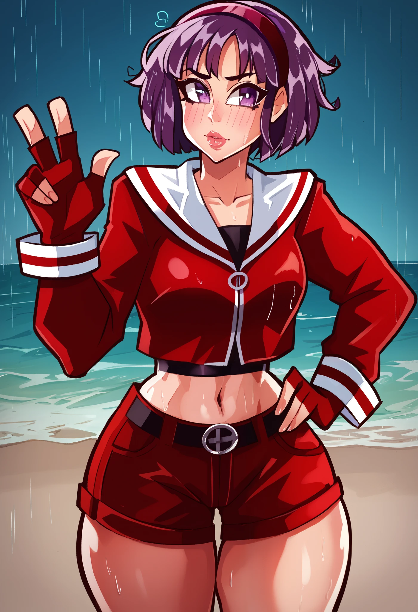 Masterpiece,best quality,AthenaKOF99, purple hair, purple eyes, red hairband, short hair, red serafuku, long sleeves, black inner shirt, midriff, shorts, fingerless gloves,  blush, solo,skin tight clothes, standing on beach, seductive pose, light breeze, beach setting,shiny skin, cowboy shot, midriff, thick thighs, shiny clothes, one hand on hip,other had on hair, (light smile:0.7), closed mouth,big lips,night,rain ,wet,dbp