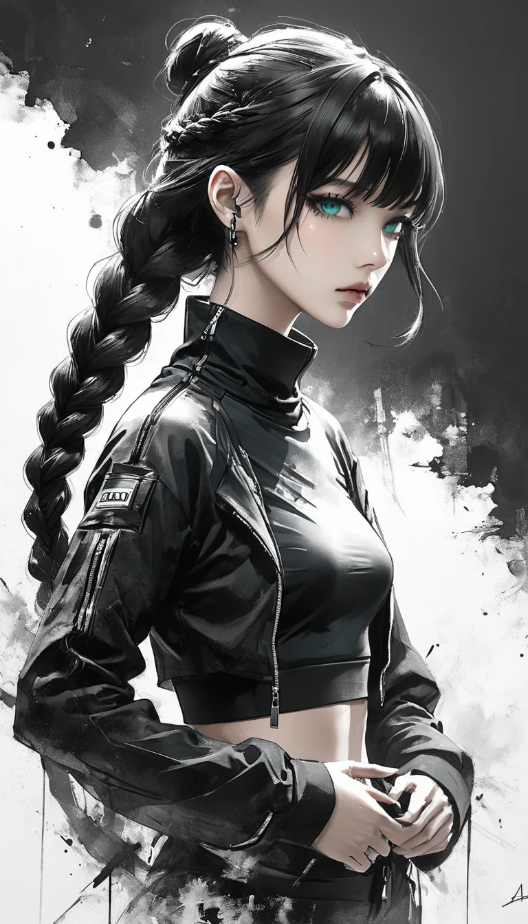 Neo-noir futuristic art style, A close-up view of a semi-realistic anime-style a Stylish young woman standing confidently, sleek black hair tied in a ((single loose braid)) that falls naturally behind her with long side-bangs framing her face. Serious and intense. ((turquoise)) eyes. She wears a cropped black jacket with oversized sleeves, ((turquoise)) accents on the shoulders and inner lining, high collar, and unzipped to reveal a sporty layered outfit: a black fitted crop top high-neck base layer. clean background. black white and ((turquoise)), anime style, Javanese theme, hyperdetailed, ultra quality, 4k, intricate lighting, chiaroscuro, white background with one color ink spots, drawing stroke, perfect drawing lines.