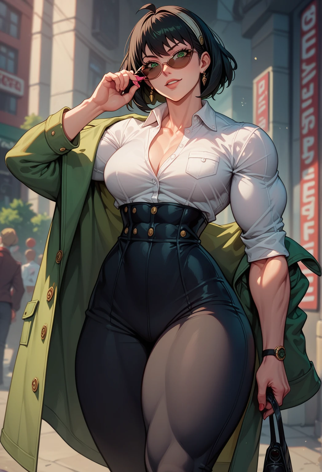 _ anime style ,1 women,  short black hair,  white skin , slightly muscular body,  green overcoat,  Medium breasts,  big thighs,  green eyes , Secret Base  , warm, corpo fitnes, sunglasses, dress pants, Secret Agent, spy, silenced pistol,  expression would be , going,  dress shirt