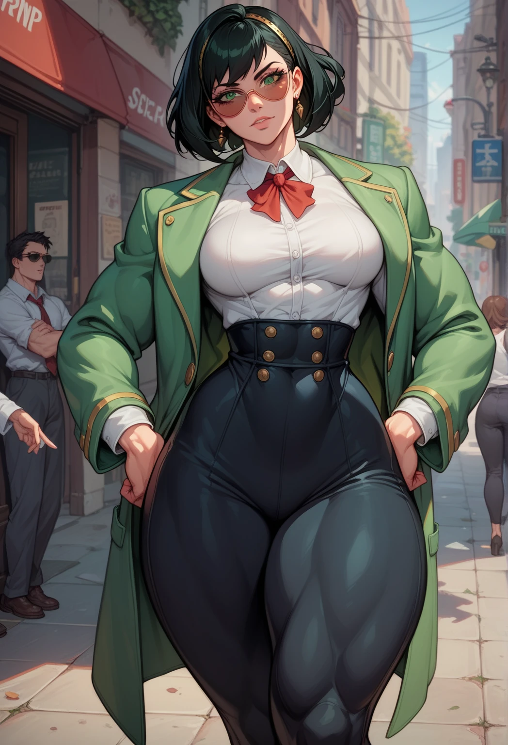 _ anime style ,1 women,  short black hair,  white skin , slightly muscular body,  green overcoat,  Medium breasts,  big thighs,  green eyes , Secret Base  , warm, corpo fitnes, sunglasses, dress pants, Secret Agent, spy, silenced pistol,  expression would be , going,  dress shirt