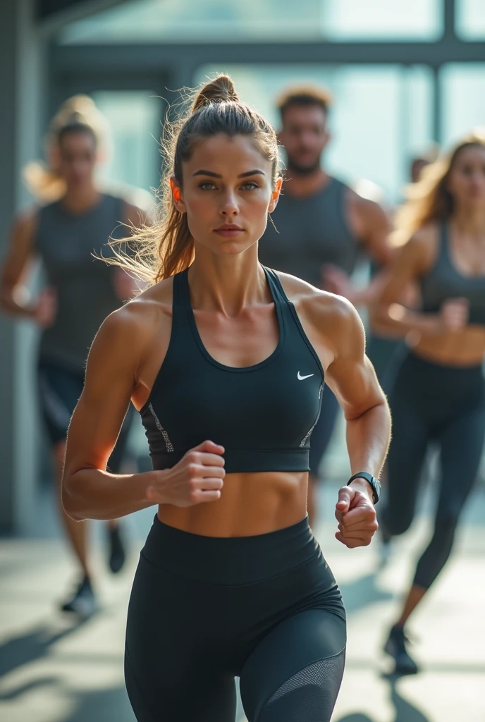 cinematic film still of  <lora:shredded woman:1.2>
a shredded woman running in a race with a man in the background shredded woman style , shallow depth of field, vignette, highly detailed, high budget, bokeh, cinemascope, moody, epic, gorgeous, film grain, grainy