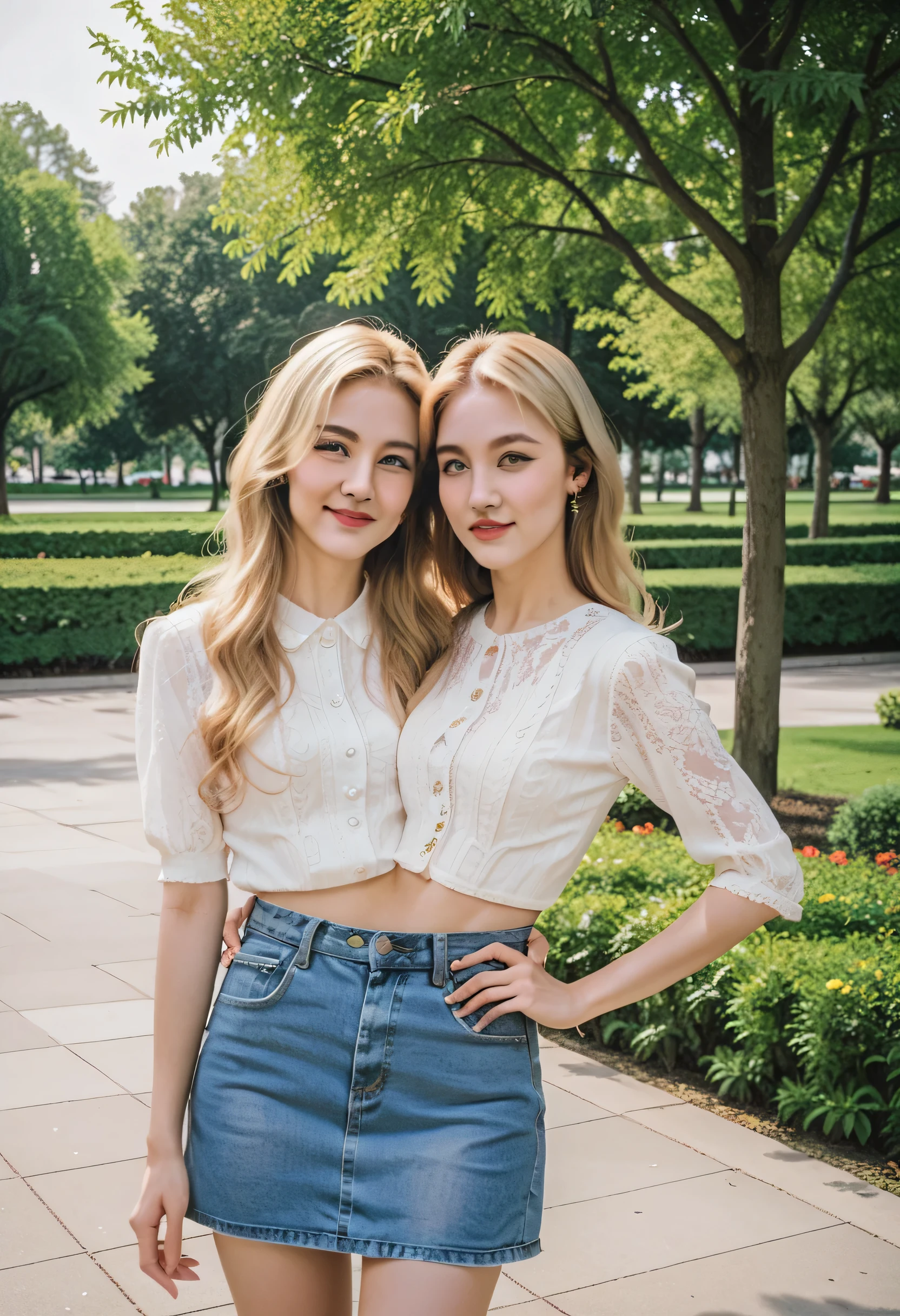 2heads, vintage 1980s photo of a two-headed woman, beautiful, blonde, out in a park, age 25, pretty, gentle curves, 1980's fashion, denim skirt, medium shot, permed hair