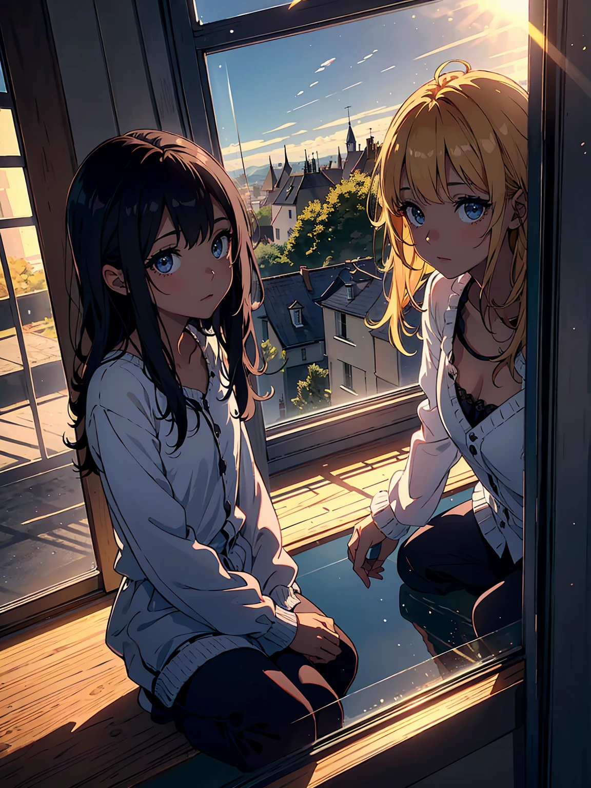 A 22 year old girl with long blonde hair, the other 12 year old girl with long dark blonde hair, studying together sitting, lofi girl style, each in their bed, in their cozy room, in the background there is a decoration worthy of a very chic, her extroverted smiles and radiant honey-colored eyes reflect youthful joy, her wavy hair cascades down to her waist, shining in the natural light of the room, wearing nightwear, her eyes are bright, and her lips are parted revealing her surprised by the landscape of their room, personifying the innocence of their age, on their heads are two headphones full of lights that reflect their lofi style of being.