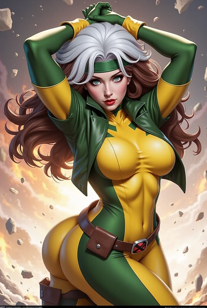 (  masterpiece ,  realistic , perfect,  photograph ,  high resolution and definition )  X-Men Rogue in a sensual and erotic pose,  tight suit, nice image detail ,  Beautiful legs ,  detailed face, light eyes,  beautiful butt ,  slender and detailed body ,  big breasts. Brown hair with a tuft of white hair on the top,  long loose hair .  Great detail of the background and environment . In a random location, exciting