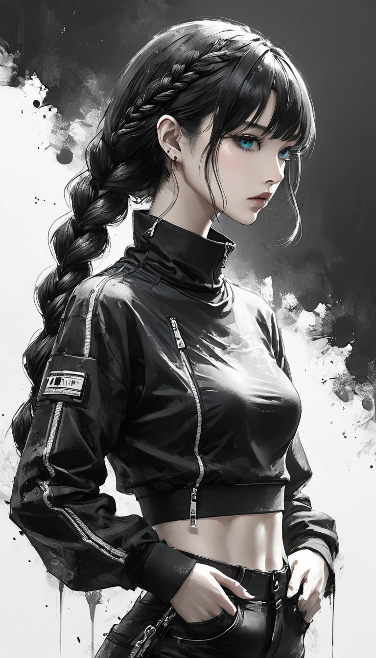 Neo-noir futuristic art style, A close-up view of a semi-realistic anime-style a Stylish mature woman standing confidently, aged 19, sleek black hair, ((single loose braid)) that falls naturally behind her with long side-bangs framing her face. Serious and intense. ((turquoise)) eyes. She wears a cropped black jacket with high collar and oversized sleeves, ((turquoise)) accents on the shoulders and inner lining, high collar, and unzipped to reveal a sporty layered outfit: a black fitted crop top high-neck base layer. clean background. black white and ((turquoise)), anime style, Javanese theme, hyperdetailed, ultra quality, 4k, intricate lighting, chiaroscuro, white background with one color ink spots, drawing stroke, perfect drawing lines.