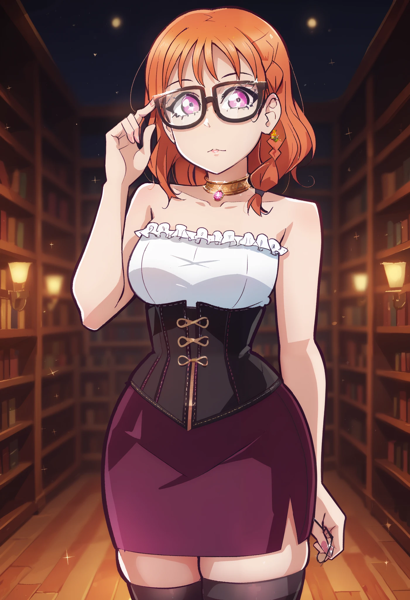 dynamic lighting , love live art style, takami chika , orange hair, medium hair, pink eyes, side braid, circle glasses, corset, pencil skirt,collarbone,neck ring, thighhighs, in black dark library , night , looking at viewer, strapless , adjusting glasses , shiny skin,Elijahzx art style,thin waist,curvy hips,solo,dbp