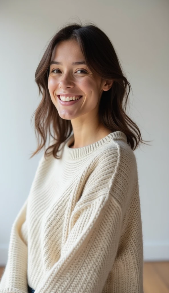 perfect portrait photo of ((American)) , best quality, she is wearing a black sweater, soft lighting, gorgeous, brunette woman, wide smile,
highly intricate high definition wallpaper