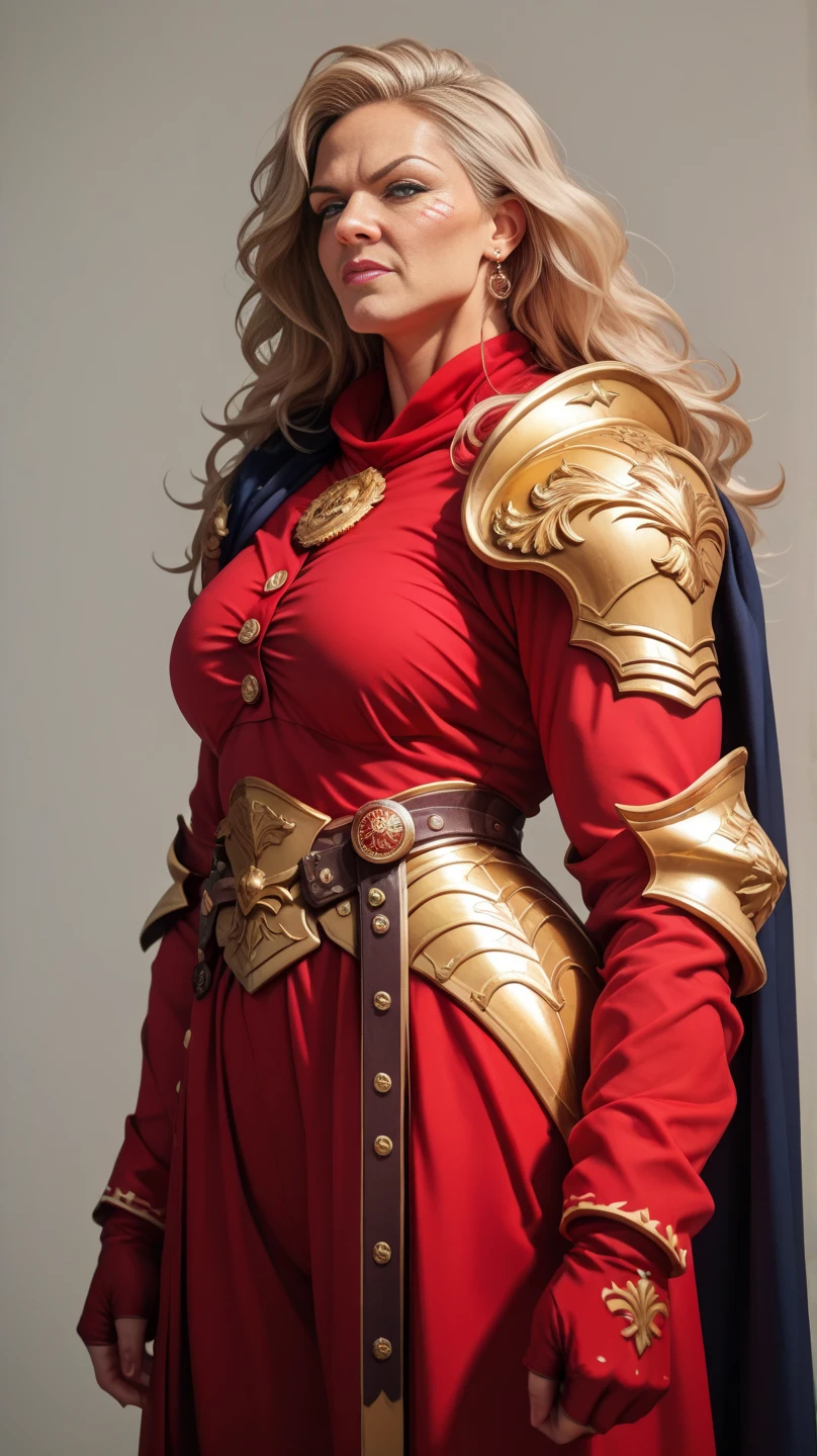 A portrait of a tall, muscular, milf, gilf,  mature woman walks forward. Wild hair. She is dressed in a (heavy armor),(Big thick plate armor), fantasy heavy armor, Big pauldrons, big boobs, wide hips, with a military cape on her back, military cape, buttons, shoulder marks, medals, ornamented cape, military cape with high collar. She looks determined and serious as she walks. She is an older woman. She is muscular with thick muscular legs and muscular thighs. She has strong muscular arms. High quality, best quality. Super detailed, hyper detail.