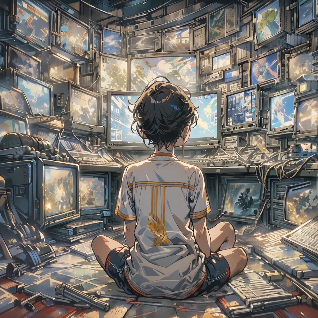 structure of a boy surrounded by numerous computer screens, 8k, high-detailed, masterpiece, sitting cross-legged on the floor, Empty eyes, ((side view: 1.3)), In the Room at the night