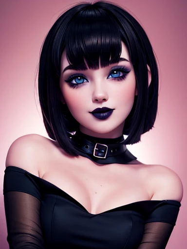 Nudes, Mavis, naugthy Stuning big breast, makeup gothic, black lipstick, blue eyes short black hair, with bangs, style bob, perfect detailed 3D