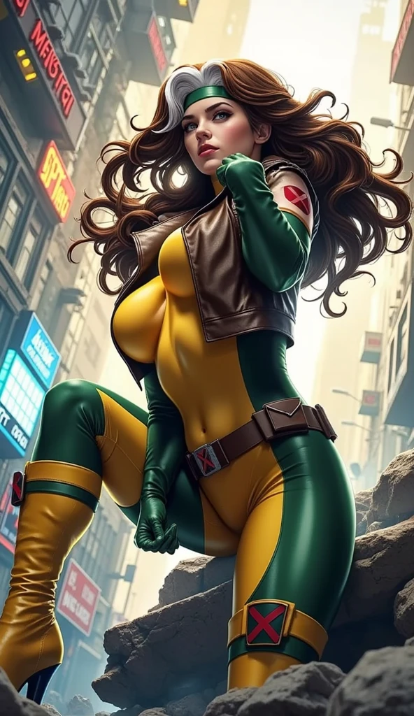 (  masterpiece ,  realistic , perfect,  photograph ,  high resolution and definition )  X-Men Rogue in a sensual and erotic pose,  tight suit, nice image detail ,  Beautiful legs ,  detailed face, light eyes,  beautiful butt ,  slender and detailed body ,  big breasts. Brown hair with a tuft of white hair on the top,  long loose hair .  Great detail of the background and environment . In a random location, exciting