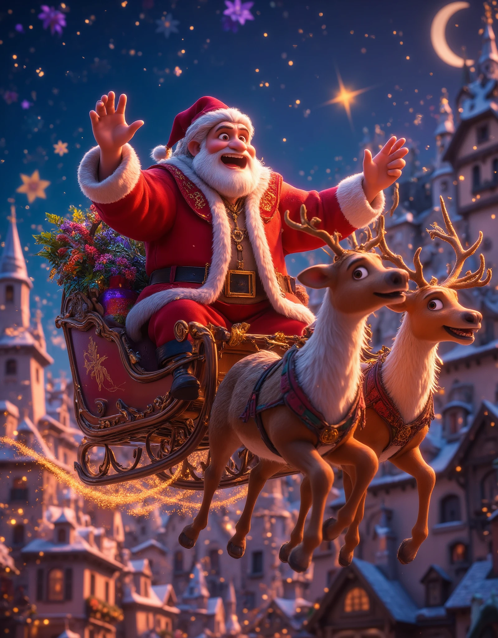 highly detailed, dynamic, cinematic, stunning, realistic lighting and shadows, vivid, vibrant, octane rendering, Unreal Engine, highly detailed, concept art, realistic, cry engine, (dramatic, grainy, intense: 1.4), highest quality, 32k uhd, incredibly detailed, intricately detailed, ultra detailed, ultra high quality, high detail, ultra detailed, masterpiece, A magical 3D Disney-style animation scene of (huge muscular Santa Claus) riding his sleigh, pulled by eight majestic reindeer, soaring high across a starry Christmas Eve sky. huge muscular Santa, dressed in his classic red suit and hat, waves cheerfully as he prepares to deliver presents to ren around the world. The sleigh sparkles with golden magic dust trailing behind, adding a whimsical glow to the scene. Below, a picturesque town is beautifully decorated with festive Christmas lights, with rooftops and trees shimmering in warm colors. The streets are bustling with tiny glowing details of families celebrating indoors. The night sky is deep blue, dotted with twinkling stars and the soft glow of a crescent moon, creating a sense of wonder and warmth. The style is vibrant and colorful, capturing the charm and magic of a Disney animated holiday story., a joyful snowy winter day environment,