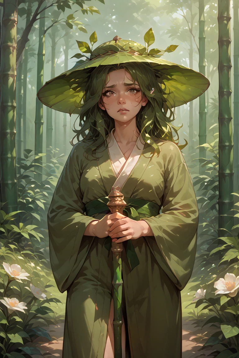 A female dryad. Skin is bark like rough and brown. Long leafy hair change colours in different season. Is wearing monk robe, bamboo hat and has a staff. Add in sadness and lostness with wilted flowers 