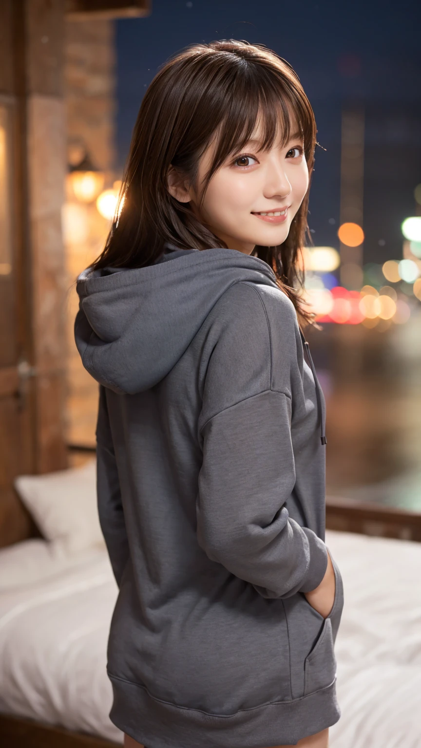 1 Girl, (Wear a black hoodie:1.2), (RAW Photos, highest qualthaty), (Realistic, Realistic:1.4), Tabletop, Very delicate and beautiful, Very detailed, 2k wallpaper, wonderful, finely, Very detailed CG Unthaty 8K wallpaper, Very detailed, High resolution, Soft Light, Beautiful detailed girl, Very detailed目と顔, Beautiful and sophisticated nose, Finely beautiful eyes, Cinema Lighting, Illuminations that light up the cthaty on a snowy night, Snow Scene, that&#39;that&#39;that&#39;it&#39;s snowing, Snow fell in my hair, Perfect Anatomy, Slender body, Was nervous, 
Straight semi-long hair, bangs, Looking at the audience, smile、Fluffy scarf、On the bed、pajamas