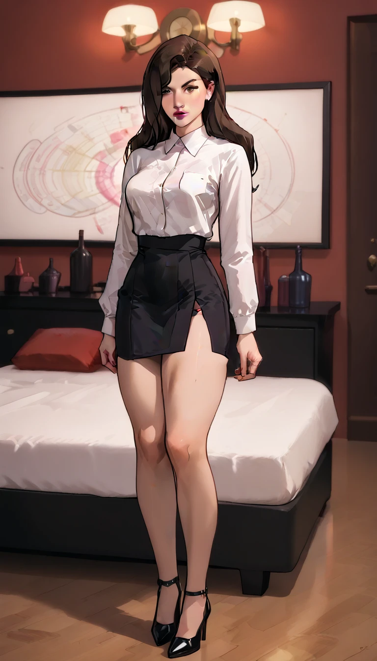 {Highest quality picture}Beautiful girl laying down on head pin down bed  ,[Masterpiece, high quality,4k ,8k ,ultra resolution,] anime girl, ,anime ,nfsw,{Front view}, (masterpiece), best quality, expressive eyes, perfect face, {Full body} of A girl in a dark  tight short pencil dress, straight position, Perfect body, high heels, formal interview,at night , makeup done, strawberry pink lipstick done,per fit body figure, healthy looking perfect body,medium breast,night , middle of the night, candles lig,pink pulm lipstick ,dramatic lighting ht ,full body picture , perfect fingers, perfect legs, perfect arms, perfect lips, perfect lip gloss , perfect black long hair, perfect round boobies, thigh female ,full body picture, perfect high heels,too short office mini pencil , thigh ass,round boobs,raw style dramatic environment , strawberry pink palmb lipstick straight black long hair swept to the side with big and butt, pink lipstick, red stickon bra, very sexy wearing a white executive sleeveless shirt a very open and tied at the waist, dark black skinny skirt, dramatic dark lighting, indoor,bed room,pink lipstick, details night lighting, perfect details legs, perfect detail face, perfect detail arms, perfect detail dress, opened legs,lay down head on bed, looking at up, buttons opened shirt , details breast , perfect black dress,