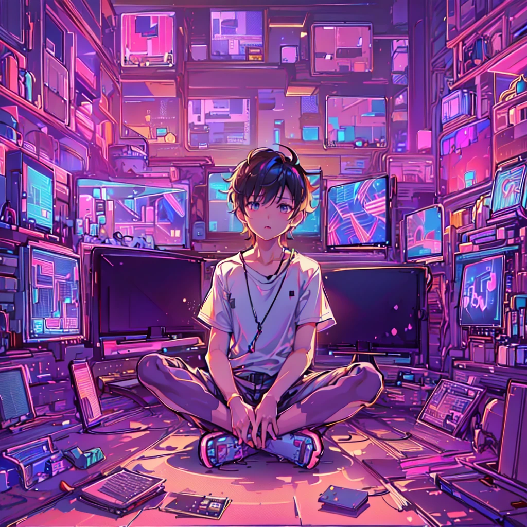 structure of a boy surrounded by numerous computer screens, 8k, high-detailed, masterpiece, sitting cross-legged on the floor, Empty eyes, ((side view: 1.3)), In the Room at the night, Neon Coloring