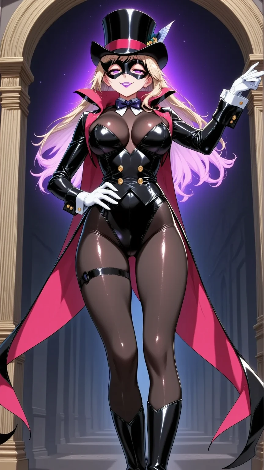  1 mature beautiful woman ,(masterpiece:1.3, top quality :1.3, very detailed depiction:1.3, incredible high resolution :1.3,High quality anime drawings),(The Enchanting Thief:1.3),(Sexy phantom thief costume, tuxedo,Gentleman&#39;s hat,His eyes are covered with a black Venetian mask:1.3,latex, luxury accessories , black tights, boots),(Glowing purple eyes, half-closed eyes:1.3, Crazy Eyes , big breasts, bewitching smile,Glossy lips, flashy makeup, eyeshadow,Seductive gestures,Beautiful legs, healthy legs,Curvaceous Body,High quality skin),Full body images:2.0,