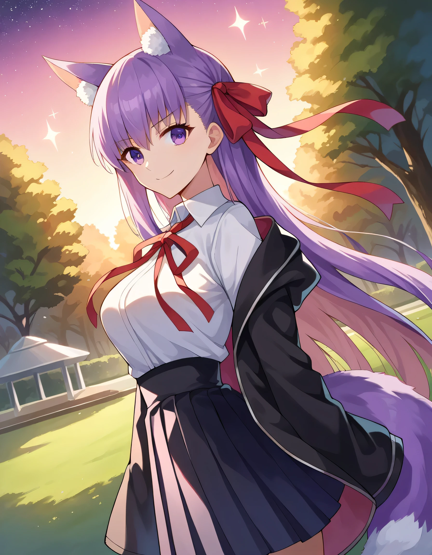 score_9, score_8_up, score_7_up, source_anime,
fatebb, bb, purple hair, long hair, bangs, purple eyes, black jacket, black skirt, collared shirt, hair ribbon, high-waist skirt, jacket, long sleeves, neck ribbon, open clothes, open jacket, pleated skirt, red ribbon, ribbon, shirt, skirt, sleeves past wrists, white shirt, wide sleeves, looking at viewer, dutch angle, fox ears, fox tail, outdoors, evening sky, pink sky, stars, , park, park, sakura, sakura trees, tree, medium breasts, cinematic lighting, tone mapping, bloom, best quality, cinematic, from side, smile,