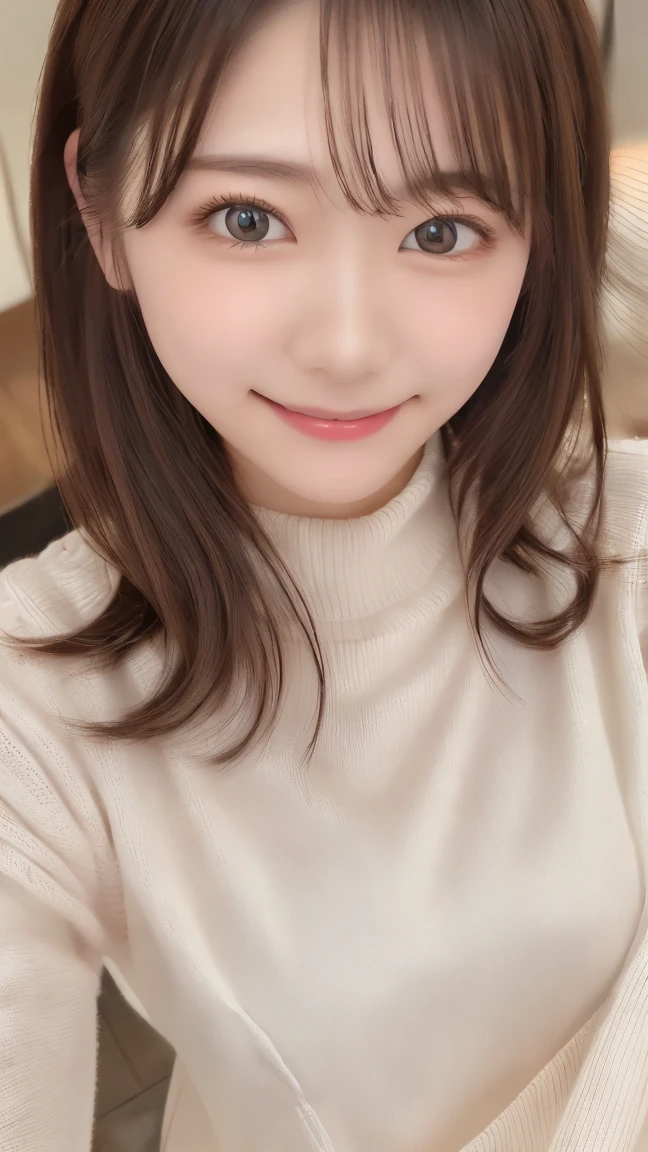   top quality  , ( beautiful)、 beautiful女性、solo、1 person、Precision Eyes、  medium hair 、、 smiles、 small breasts、Shoot from above、 knitted sweater、 upper body