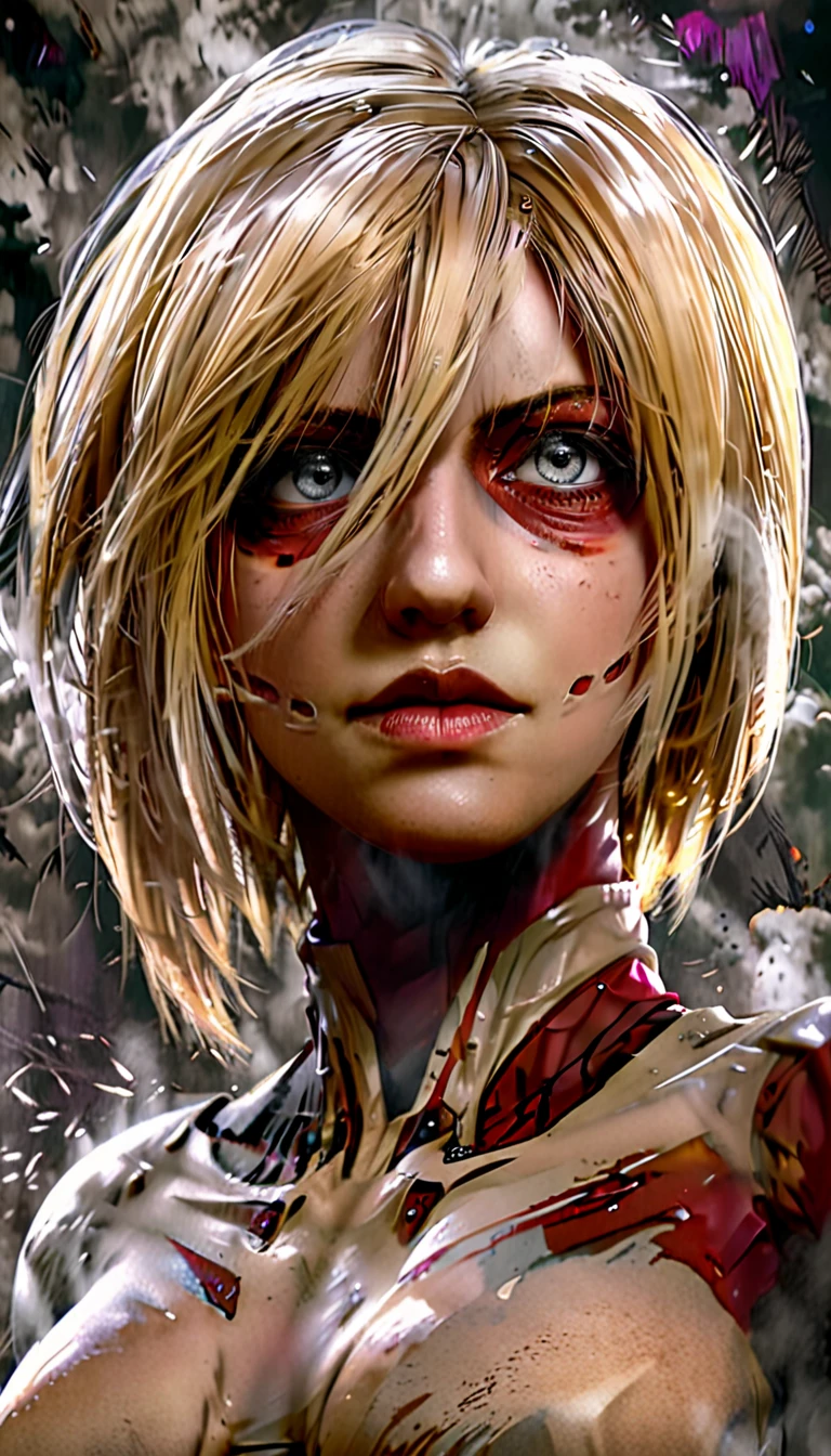 Annie Leonhart, detailed vivid eyes, luscious lips, intense gaze, female titan, determined expression, flowing blonde hair, vertical maneuvering equipment, Survey Corps uniform, steamy atmosphere, smoky background, dynamic action pose, mid-air maneuver, intense battle, Titan body parts flying, high-resolution masterpiece:1.2, ultra-detailed, realistic:1.37, professional, 3D rendering, sharp focus, vibrant colors, dark and moody lighting, horror, painting-like illustration.