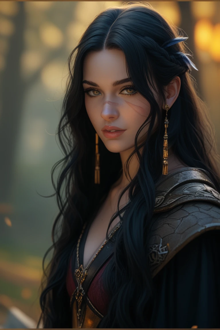  is a woman whose appearance reflects both her noble origin and her Connection with the dragons that .  Her long, black hair , that shine with ebony-colored reflections under the sunlight,  fall in soft waves on her back ,  but the subtle shades of gold on her tips are attributed to her magical coexistence with dragons .  Her eyes are even more impressive : of an intense golden color,  they always seem to be on fire ,  as if reflecting the souls of the dragons she dominates .  They are at the same time intimidating and mesmerizing , } making it impossible for someone to ignore her in a room . Your skin, Pale and impeccable ,  contrasts with the subtle scars that run across their arms and legs - marks of their battles with dragons and other creatures.  Aurélia prefers practical clothes , but always elegant.  She wears light armor made of dragon scales ,  dyed in shades of red and gold ,  reinforcing her connection with these mythical creatures .  over the shoulders,  carries a cloak of dark feathers and leather ,  stitched with enchanted threads that protect her against minor spells . In battles ,  she carries a spear forged in the fire of Sythrax ,  with magical inscriptions that shine in blue when activated .  their movements are fluid and graceful ,  recalling those of a predator at the height of her strength .  Aurélia exudes confidence and authority ,  commands making everyone around you feel that they are in the presence of a force greater than they can understand .