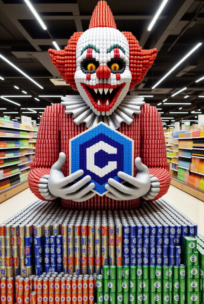 The image is a high-resolution photograph of an elaborate, creative arrangement inside a well-lit supermarket aisle. The centerpiece is a meticulously crafted, life-size model of a scary clown holding a blue hexagon shape civitaiLogo, constructed entirely from cans of soda.