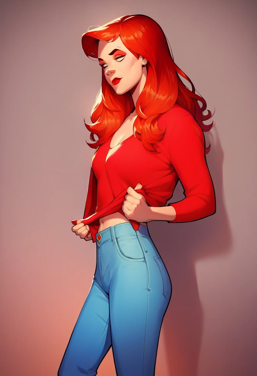 ((masterpiece, best quality)), ((Curvy Red-haired Latina in grey sweater and white panties)), started and embarrassed, (( Green eyes)), wearing red lipstick, EUF, comic book art style, intricate details