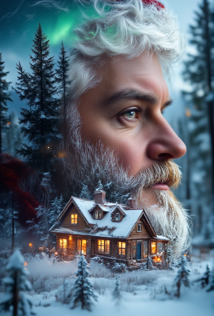 (Double exposure:1.3), an ultra-detailed double exposure image merging the jolly face of Santa Claus with a snowy North Pole landscape. Santa's features, such as his white beard and red hat, should blend seamlessly with Arctic elements like snow-covered expanses, auroras, and illuminated workshops. The image should evoke the magic of Christmas by subtly incorporating festive details, maintaining a warm and enchanting atmosphere.