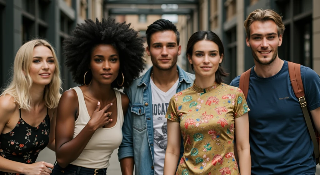 Photo of a teenage girl in skater fashion and her male and female friends. Everyone is wearing a tank top