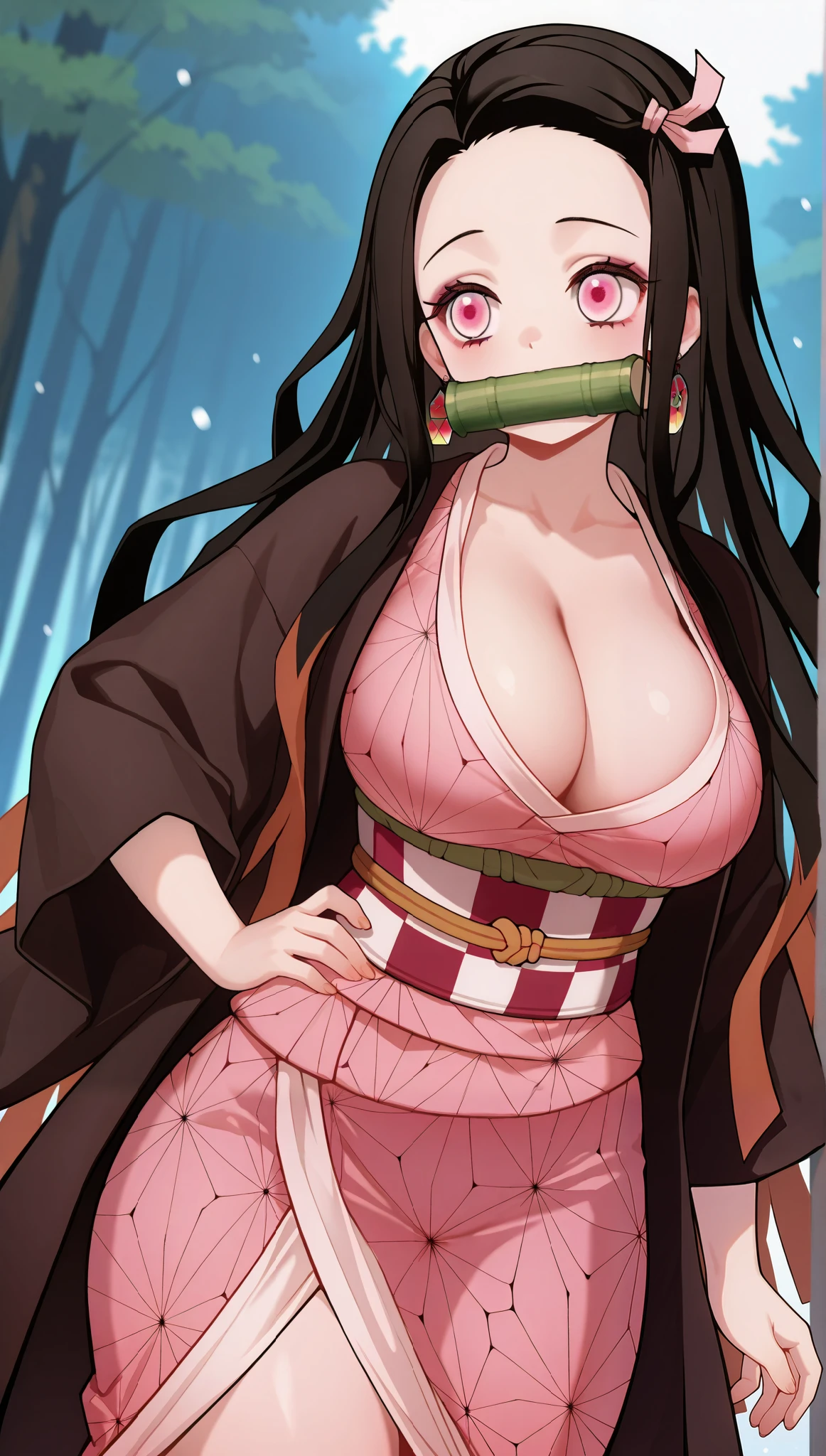 (masterpiece), (portrait), big breasts (aesthetics), ((1 female 21 years old)), Highlight earrings), ((long hair, hair band)), ((Hot crystal black hair)), ((Nezuko Kamado)) straight hair, thin eyes open, pink eyes, cute, naughty, serious and calm, woman, feminine, beautiful, female features, top, high quality, aesthetic clothing, professional angle, (rule of thirds), (feminine), , (beautiful) , (female ) features), solo, (Korean attractive), summer, (ink haze), (afternoon), (vibrant light), seductive posture, ((face looking forward))), Nezuko Kamado, purple kimono, bamboo in the mouth, brown coat, sensual ((Energy)), (Bold Makeup), (Big Breasts), Fair Skin, (Clothes with Hip Hop Details), (a hot Nezuko Kamado, sculptural body, sexy pose), (Sleep Neckline), Beautiful Hands, Body beautiful, beautiful ears, beautiful eyes, bright eyes, beautiful mouth, beautiful lips, forest, snowing