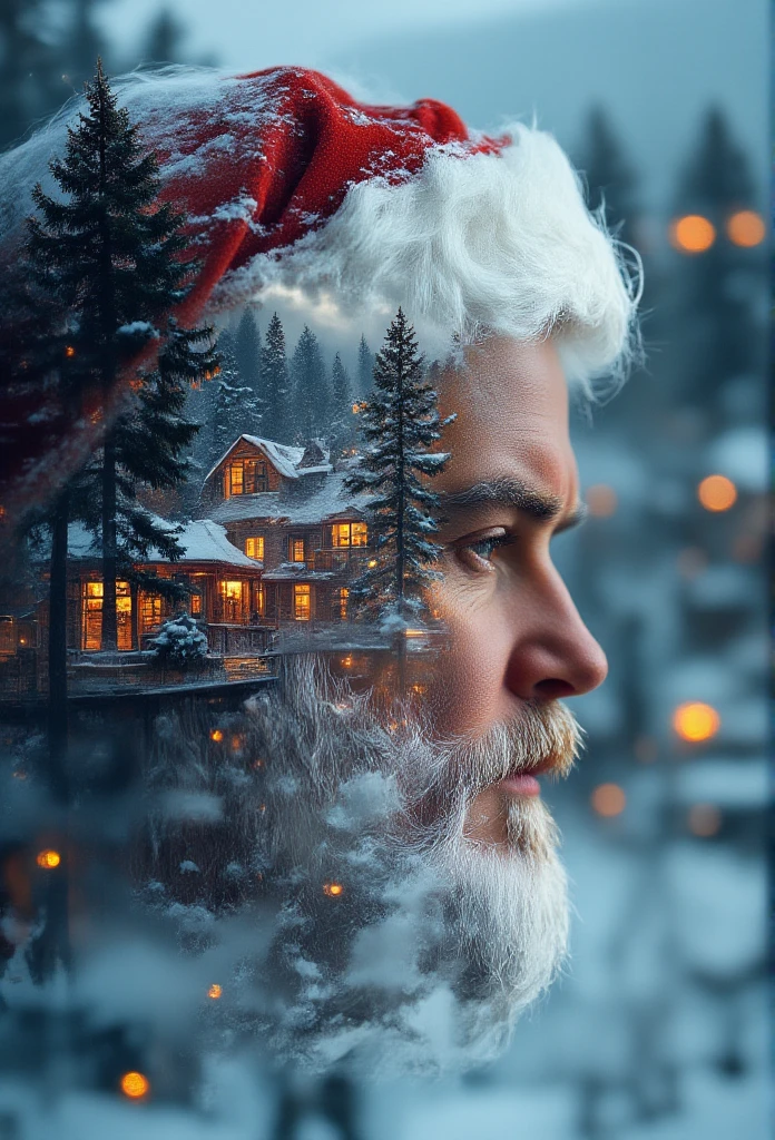 (Double exposure:1.3), an ultra-detailed double exposure image merging the jolly face of Santa Claus with a snowy North Pole landscape. Santa's features, such as his white beard and red hat, should blend seamlessly with Arctic elements like snow-covered expanses, auroras, and illuminated workshops. The image should evoke the magic of Christmas by subtly incorporating festive details, maintaining a warm and enchanting atmosphere.