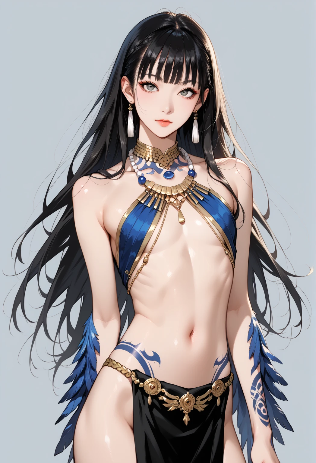 A young Asian woman shaman, very long hair, black haired, grey eyes, delicate androgynous beardless body of a breastless young man flat torso, with a loincloth, with colorful feathers and precious stones in his native shamanic hairstyle, with tattoos, avec des formes de gouttes d'eau sur son front, no abs, pale skin, river landscape