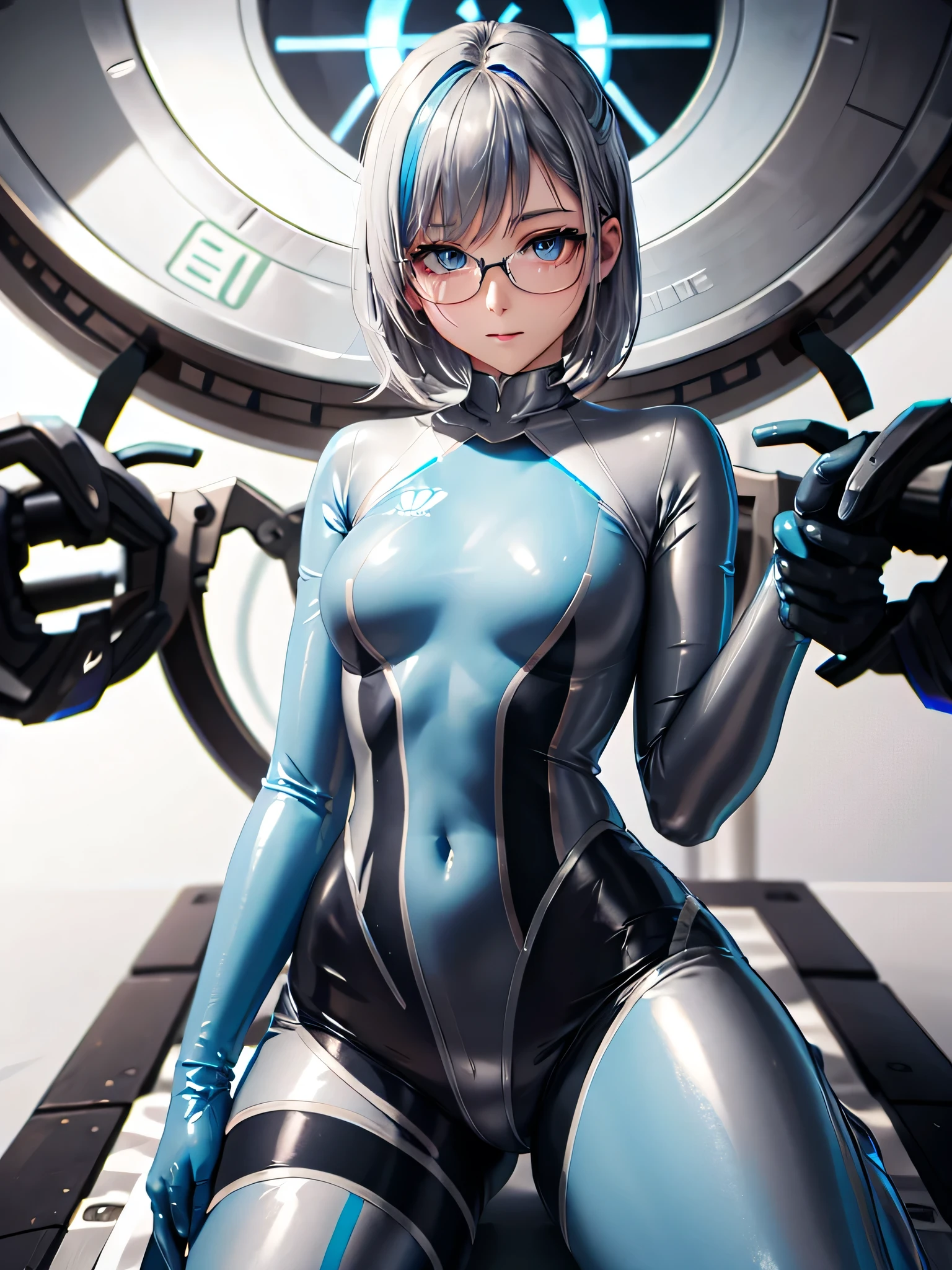 (( top quality )), ((masterpiece)), ( Details), (8k), (UHD), Close-up、 Shorthair、 blue eyes、 Silver Hair、Glasses、Spread your legs wide、Full body silver metallic enamel suitを着た美女、Full body silver metallic enamel suit