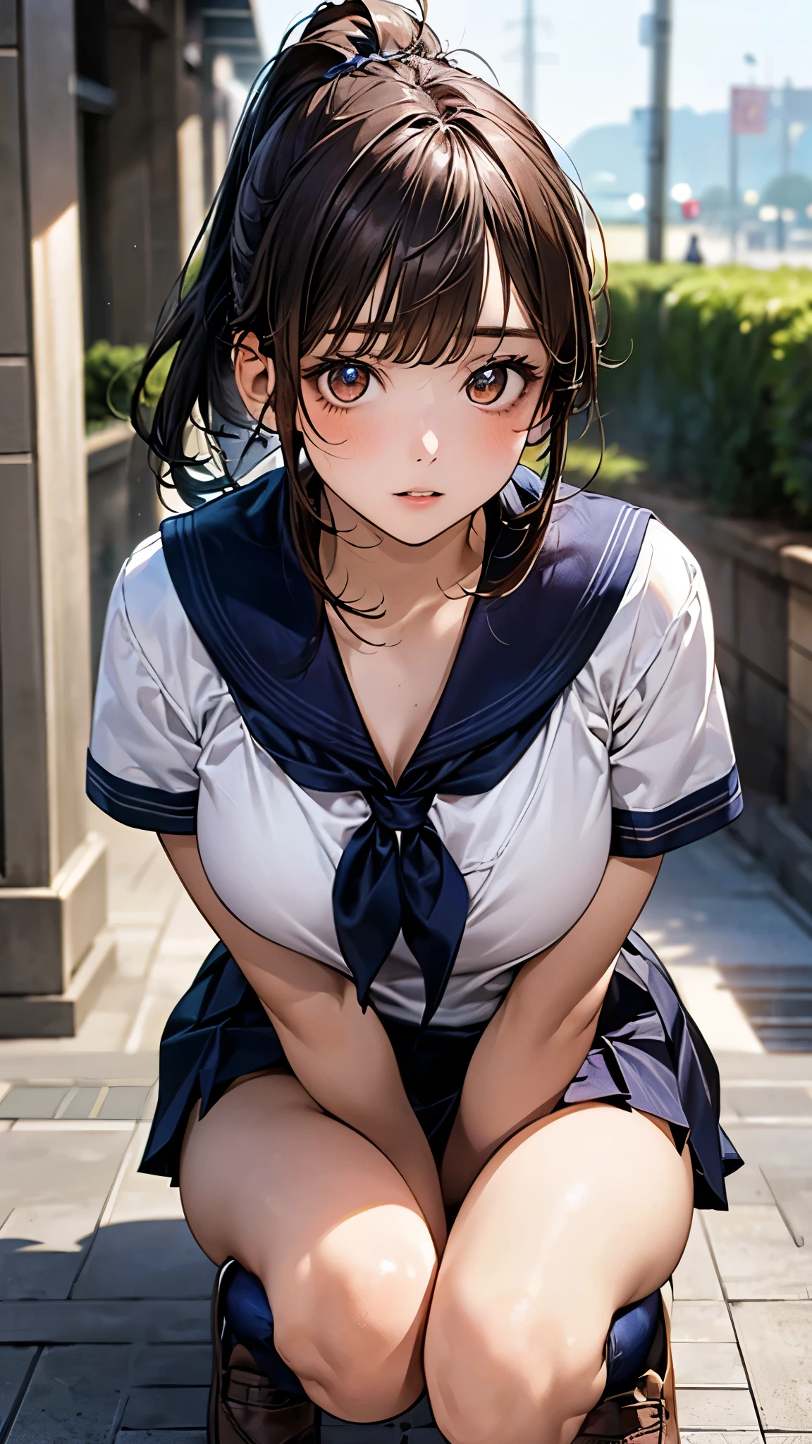 schoolgirl, Brown hair, Medium hair, Sailor suit, (Naked:1.4), Nipples (Blushing:1.0), Detailed face, Roadside, POV crouching