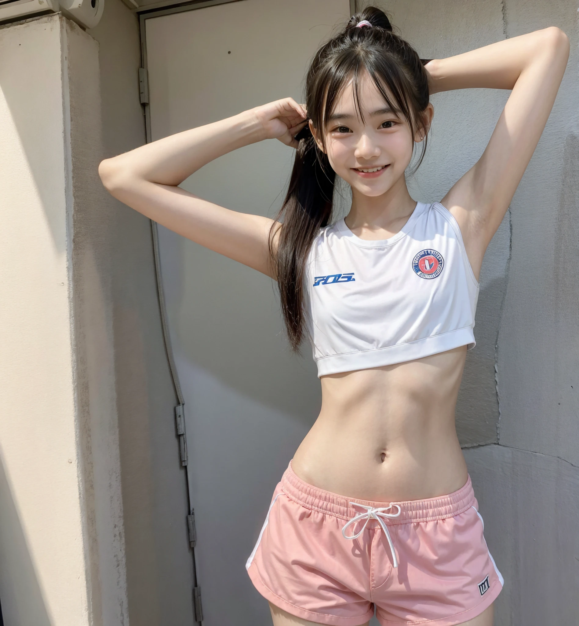 laos teen rhythmic gymnast girl, 1 girl, (very slim anorexic slender skinny body:0.6); skinny,small (130cm),from top,smile,small hip,chignon hair