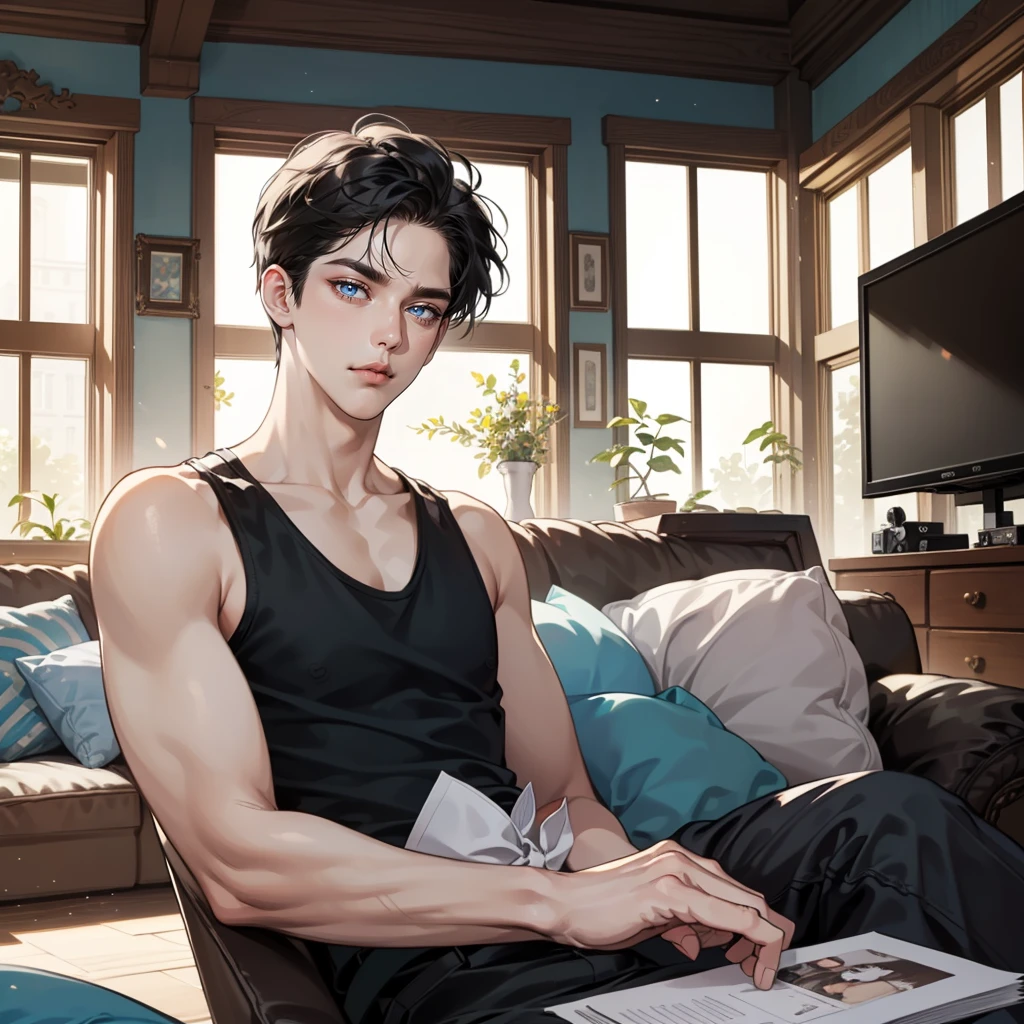 insecure dad, in his 30s, 5 oclock shadow, shirt, jeans, handsome, in mancave