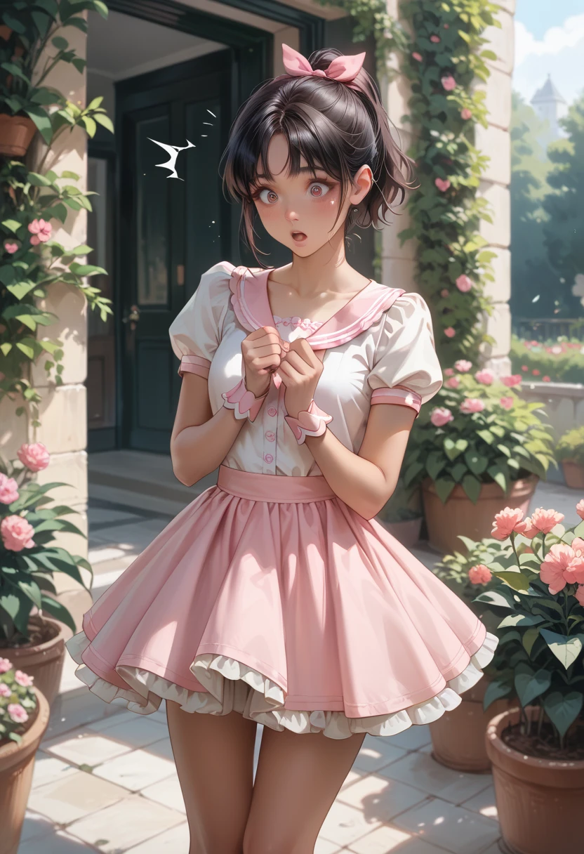 Girl smiling standing in front of a red table with a photo, dressed in a pink dress, 2 years old, rosy cheeks, wearing pink floral chiton, anime style in high definition --auto --s2